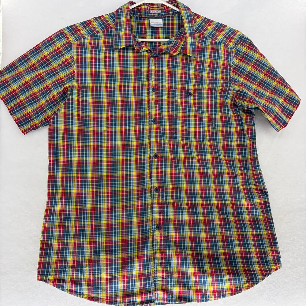 Columbia Sportswear Plaid Short Sleeve Shirt XLT Tall Yellow Red Navy